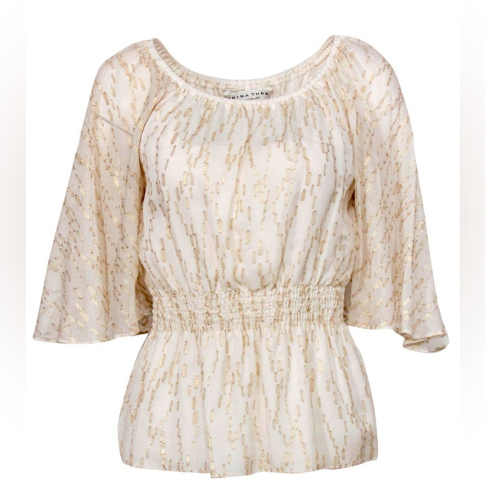 Trina Turk Ivory Silk Flutter Sleeve Blouse With Gold thread